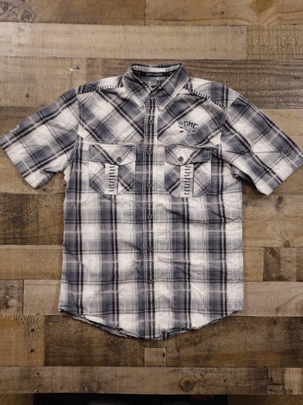 Harley-Davidson Plaid Button-Up Shirt Men’s Small Gray Black Skull‎ Graphic